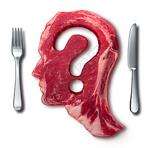 吃肉问题的饮食营养决定,个红色牛排,个问号,生食中切出,餐桌上个叉子刀,菜单确定的象征背景图片