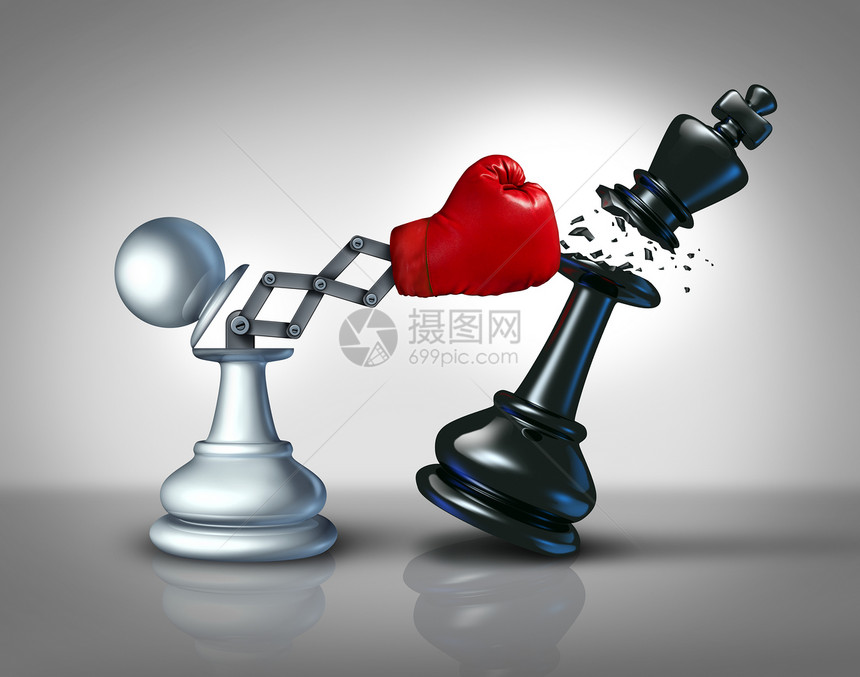 秘密商业与国际象棋典当冲孔破坏竞争王片与隐藏的红色拳击手套,隐喻创新的企业战略计划赢得游戏图片