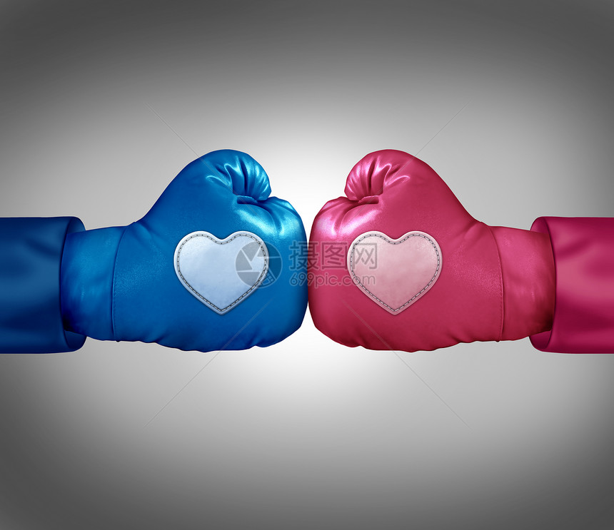争取爱情关系的争论,如蓝色粉红色拳击手套与心形补丁个充满激情的夫妇争端,导致压力可能的分离离婚图片