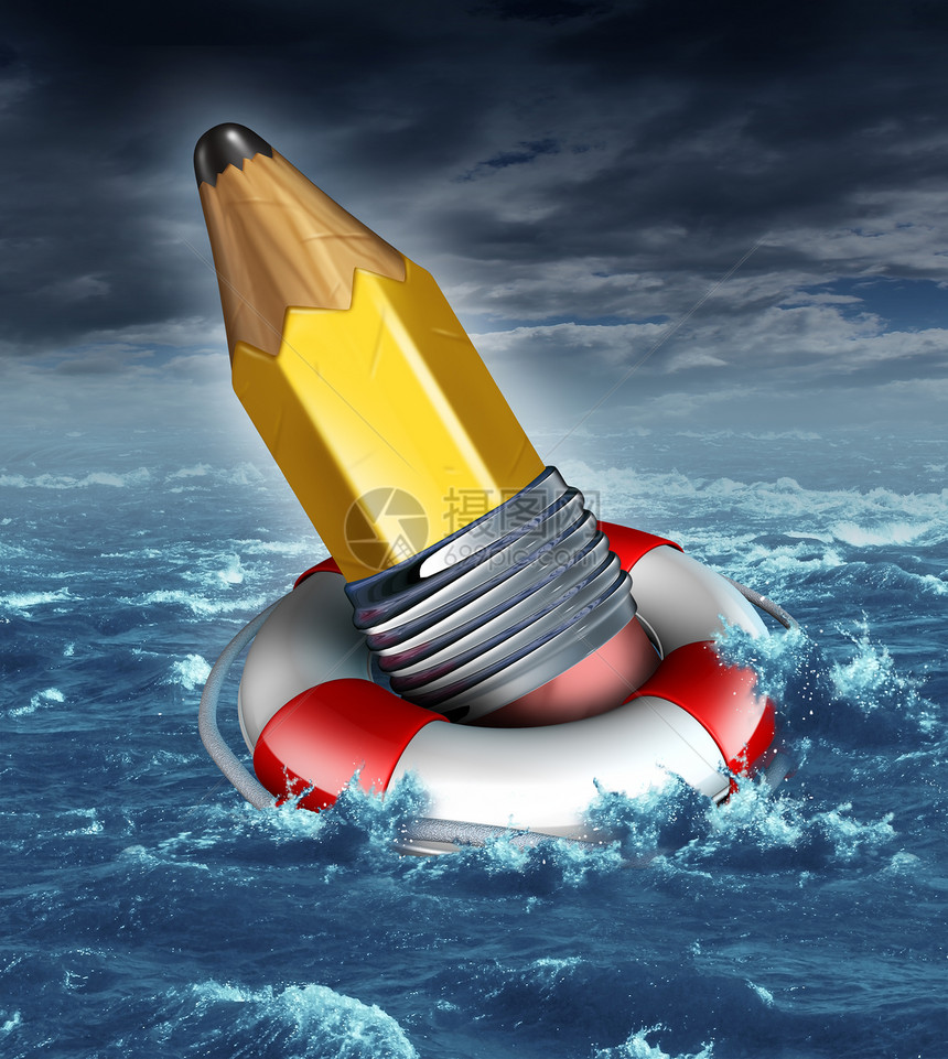 商业中的创造帮助支持,就像支黄色铅笔,暴风雨的海洋场景中被救生圈救生员拯救,创造力挑战风险的隐喻,并拯救图片