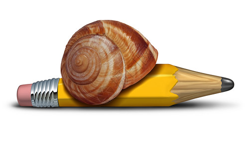 我昏昏欲睡缓慢的战略商业计划延迟隐喻,蜗牛形状为铅笔,象征缓慢的进步计划改革的拖延背景