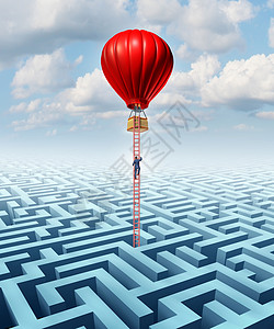 走出迷宫逃离机会摆脱逆境解决方案的领导,个商人爬上个梯子,走出个复杂的迷宫热气球,个商业,克服挑战的财务成功背景