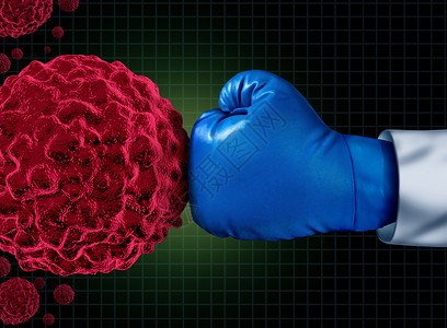 癌症与医学斗争,医生的手臂戴着只蓝色的拳击手套,与恶人体细胞搏斗,种保健隐喻,用于研究治疗危险肿瘤治疗以消除背景图片