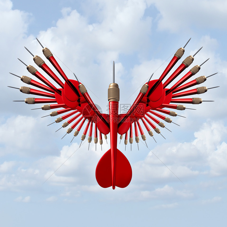 设定目标,商业机会自由符号与红色飞镖的形状,开放的鸟翅膀,个成功的战略愿景权力的图标天空背景图片