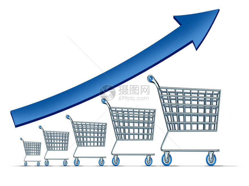 销售增长的象征群断上升的购物车,蓝色箭头上升,白色背景下成功的商业零售消费主义的隐喻图片