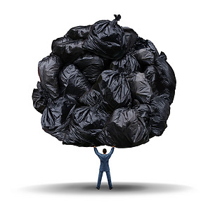 减少垃圾杂乱管理的商业理念个商人举垃圾袋领导隐喻,清理公司的废物,减少公司的脂肪摆脱压力背景