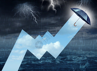 夏日风暴危机避难所的风暴商业,个危险的黑暗的雨天与闪电比,雨伞绘制了股票市场盈利图表,明亮的蓝色夏日天空克服逆境的成背景