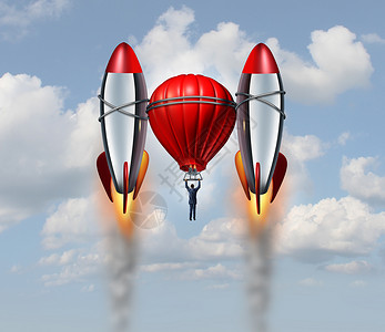 加速增长的商业,个商人乘坐热气球飞行,两个火箭助推器的帮助下,个职业成功的比喻,以新的创新竞争思维增加机会背景