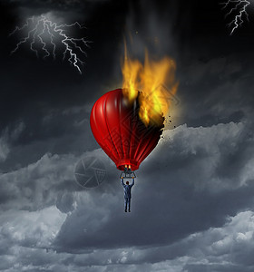 热气球上人职业危机麻烦提前商业与个商人闪电雷声风暴飞行与红色热气球着火,比喻工作危机挑战错误的计划旅行战略背景