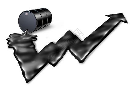 箭头下素材油价上涨的种汽油桶,溢出石油,黑色液体形状为股票市场图箭头,比喻白色背景下燃料成本上升背景