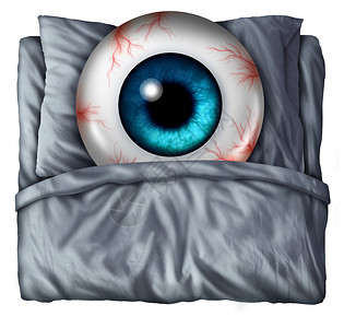 失眠睡眠问题的个人眼球,床上红色的静脉,枕头夜间睡眠障碍的健康风险的象征图片