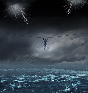 幸存的风暴商业与个商人挂个紧绳跨越危险的水,个隐喻逆境克服挑战图片