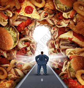 肥胖人士走在油腻食品中图片