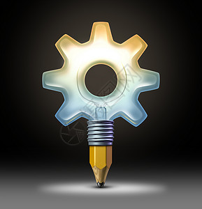 思想成形的商业理念的与明亮的照明灯泡形状为齿轮齿轮与铅笔尖象征图标,创新的工业发明的创造光背景