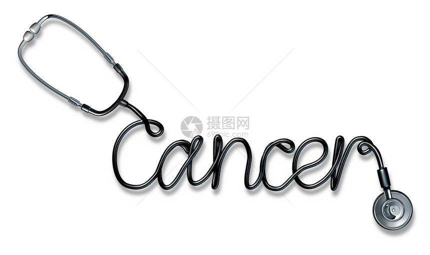 癌症种医生听诊器,形状为书文字,种保健医学符号图标,用于癌症生长诊断治疗,以抗白色背景下的恶肿瘤生长图片