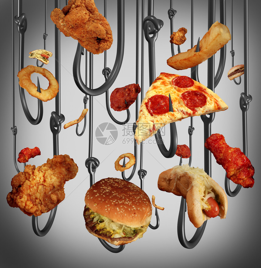饮食成瘾的保健与金属鱼钩用快餐人类诱饵,如炸鸡汉堡包炸薯条,被钩糖脂肪盐上的危险的象征图片