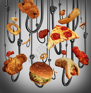 风险鸡饮食成瘾的保健与金属鱼钩用快餐人类诱饵,如炸鸡汉堡包炸薯条,被钩糖脂肪盐上的危险的象征背景