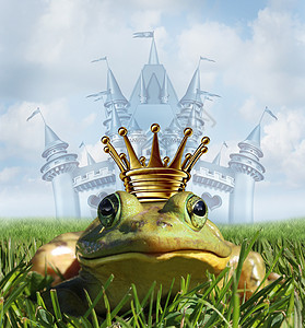 拟人青蛙青蛙王子城堡的与黄金皇冠代表童话的象征,希望浪漫改变两栖动物英俊的皇室后,公主吻背景