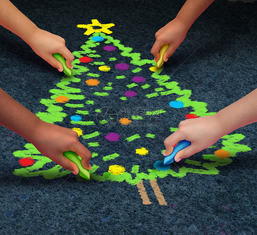 社区诞节群多元文化的孩子地板上画棵装饰好的松树,用粉笔寒假的象征,进行合作,并共同庆祝奉献的时刻图片
