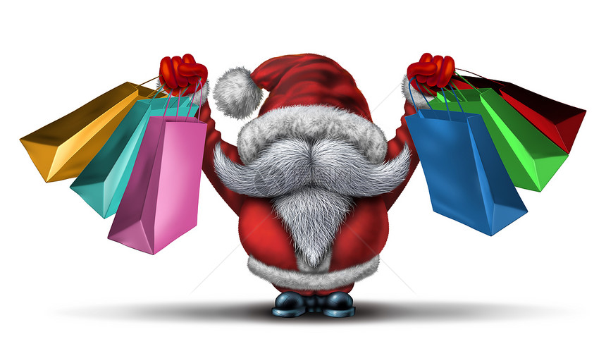诞购物狂欢个趣的诞老人条款,白色胡须红色雪服,持零售礼品袋为假日购买乐趣欢乐的冬季销售假日庆祝活动白色背景图片
