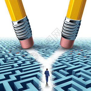 解决交叉路商业个三维迷宫迷宫被两支铅笔抹,为个困惑的商人清除条交叉路,选择成功之路的象征背景