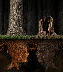悲伤悲伤的,就像两棵树的根,形状像人类的头,棵死树森林里,损失的象征,并比喻灵哀悼个死的亲人背景图片