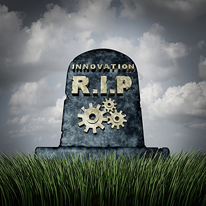 愿景icon未能创新创新问题个坟墓石头与文字齿轮图标代表行业死亡,由于缺乏资金技术愿景,导致业务失败背景