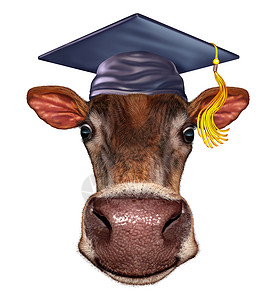 农场学校农业学的,头母牛戴着毕业帽灰浆板,农业教育学牛肉奶制品行业的象征图片