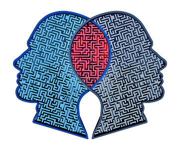 波普尔复杂的关系体治疗婚姻咨询的,两个人类的头,个迷宫合并,个重叠的图标,伙伴关系解决方案孤立白色背景