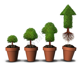 四个箭头素材投资资金金融增长成功的,植物盆,逐渐生长的树木与成熟的树,形状为箭头,向上飞,摆脱家庭的限制,经济投资的象征背景