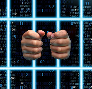 技术监狱网络成瘾受害者的,如人手着虚拟监狱的酒吧,由计算机激光与数字进制代码背景图片