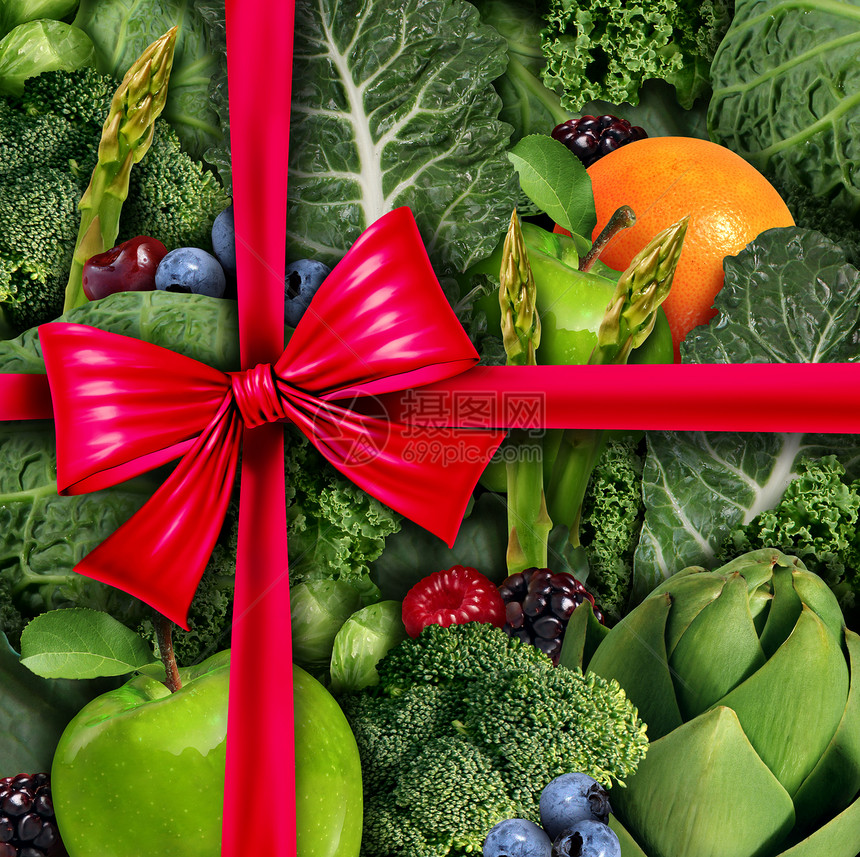 健康食品礼品新鲜水果蔬菜,以红丝弓包装丝带饮食健身生活方式的隐喻象征,为营养假日赠送图片
