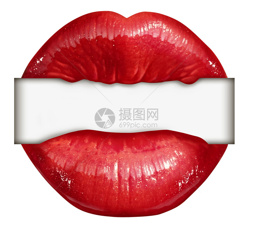 嘴唇空白标志交流的象征,个红色的口红嘴的女,咬个白色的横幅上,个图标的营销广告社会信息隔离个白图片