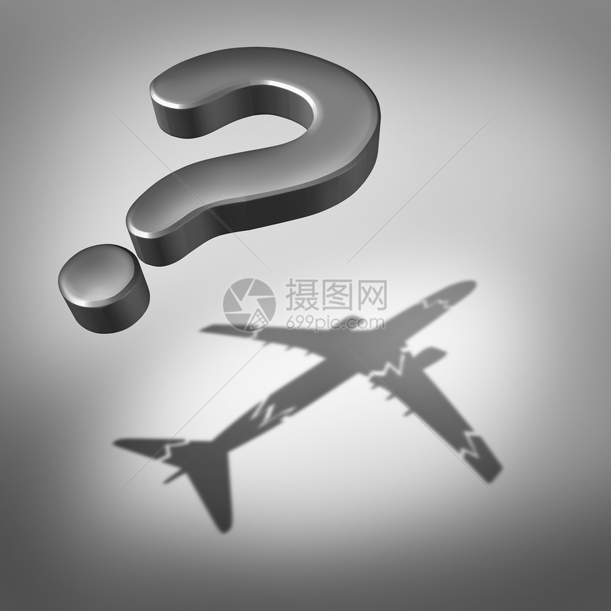 航空灾难问题航空安全个飞行的三维问号,以个被损坏的飞机的阴影确定的象征图片