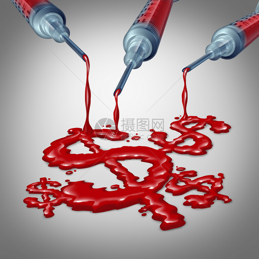 医疗保健费用的负担得的医院服务私人诊所的费用象征着注射器图标,把人的血液塑造成金钱的标志图片