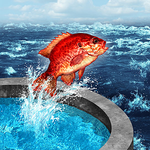 勇气的野心的象征,条红鱼跳出人工池加入自然的蓝色海洋农场提出了海鲜社会问题背景图片
