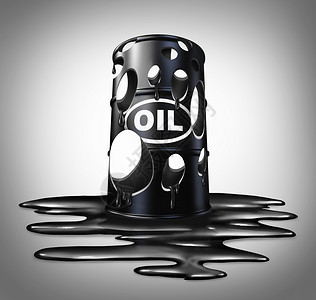 石油股市下跌石油崩溃行业的,桶装满原油的桶,液体洒地板上,能源价格下跌的商业隐喻背景