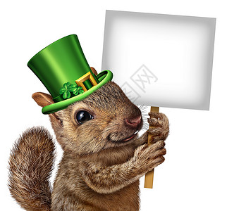 宣传片ae春松鼠标志的可爱的快乐野生动物戴着幸运的绿色帕特里克日帽,四叶草着个空白的招牌标语牌节日的季节象征背景