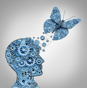 创建先进党组织人类思维人工智能机器人头部蝶形齿轮机器齿轮的技术符号背景