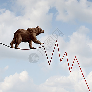 熊市风险金融只沉重的熊市野兽,走条高钢索上,形状为股票市场损失图,代表未来的投资危险设计图片