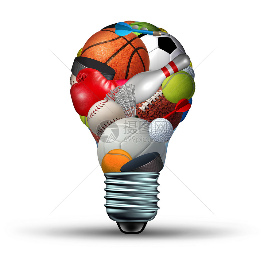 体育活动的白色背景上的灯泡形状,体育设备如足球篮球拳击高尔夫网球等,身体健康的象征,锻炼健康的休闲活动生活方图片