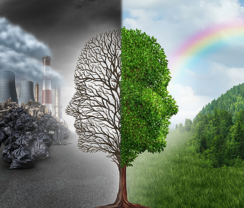 环境变化全球变暖的环境个场景切割成两半,半棵死树,形状像个人的头部,污染,而相反的健康的绿色清洁空气植背景图片