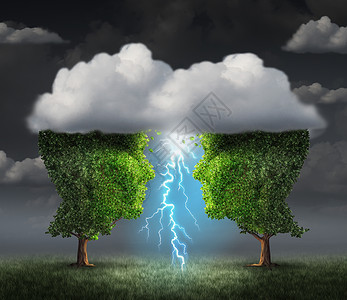 协同共生商业火花两棵树风暴云下头部,创造雷电共生成功隐喻创造协作统背景