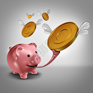 开着三轮的猪储蓄战略增加收益的金融,个猪罐,长着青蛙的舌头,空中捕捉翅膀的金币,预算成功的货币隐喻设计图片