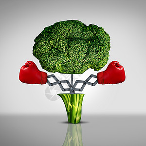 拳头图标超级食品保护保健癌症疾病战斗食品象征个健康的自然营养图标,红色拳击手套出现个开放的西兰花蔬菜健身饮食隐喻背景
