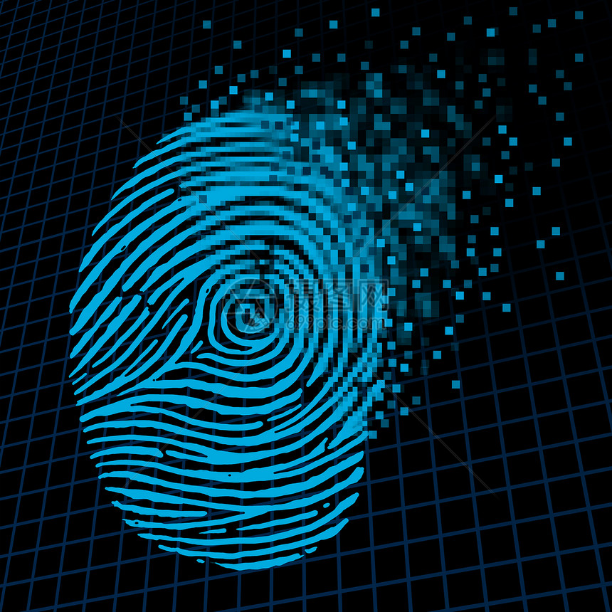 个人信息加密私人数据保护数字指纹被像素化成加密像素安全技术符号密码保护图标线图片