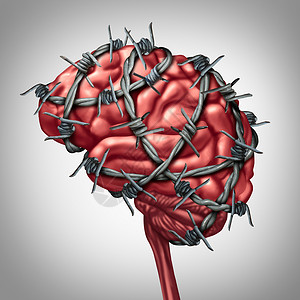 电线头脑痛医学保健种人类思维器官,用铁丝网锋利的铁丝网包围解剖,痛苦的炎症疾病偏头痛头痛痛苦的象征背景
