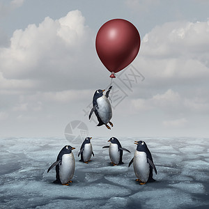 优势商业领导创新隐喻群企鹅站冰上,个人站来,气球动力新的思想符号图片