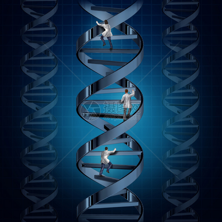 基因医学研究基因技术的发现与群医生科学家攀登DNA链,以发现人类疾病的治疗,保健医学生物技术的象征图片