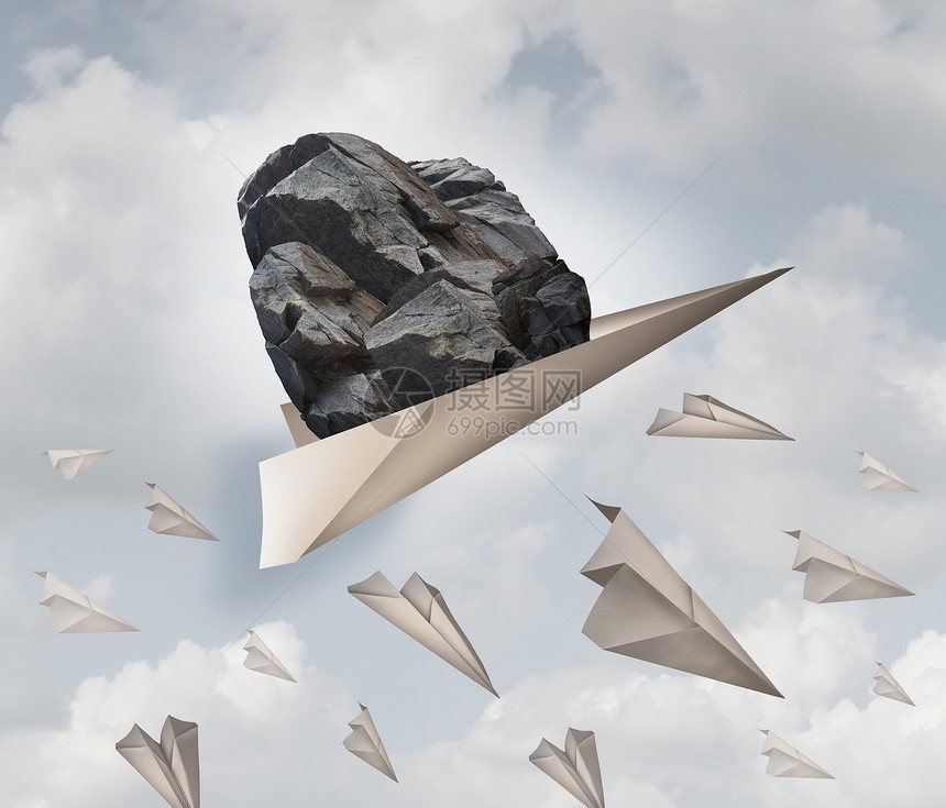 动力商业成功的架纸飞机,用群失败的折纸飞机拉着块沉重的岩石,比喻决心的力量图片